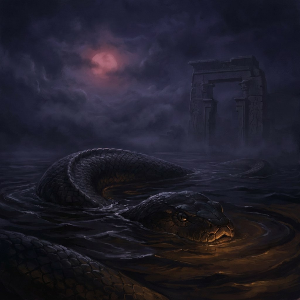 A vast serpent coiling out of black water below a veiled moon