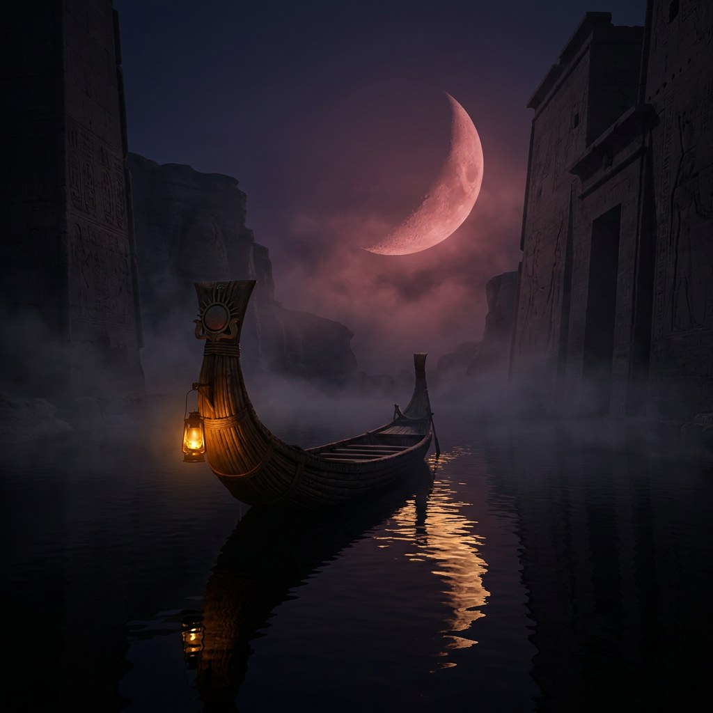 A reed barque with a single lamp crossing black water beneath a rose moon