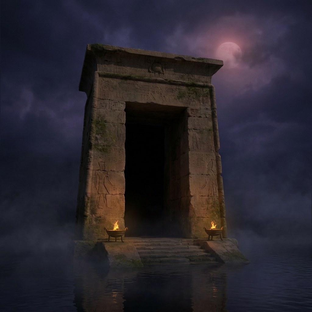 A carved stone gateway standing in shallow water, two braziers burning
